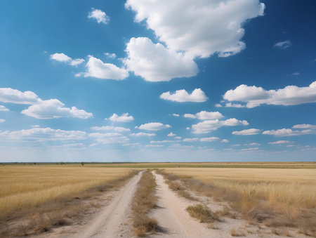 Dirt road through the steppe and blue sky with white cloudsの素材