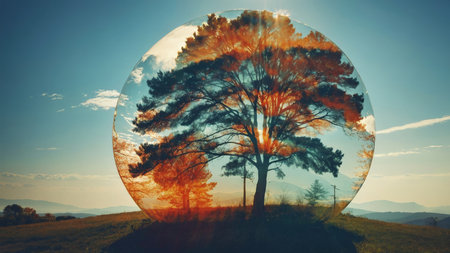 Conceptual image of pine tree in a lensball against mountainsの素材