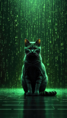 Portrait of a cat sitting in front of green binary code backgroundの素材