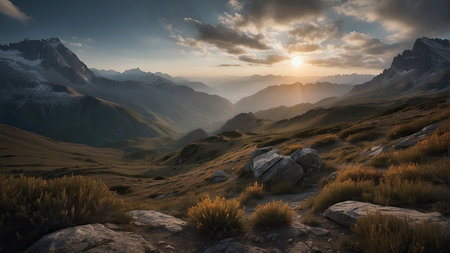 Mountain landscape at sunset. Panoramic view of the mountainsの素材