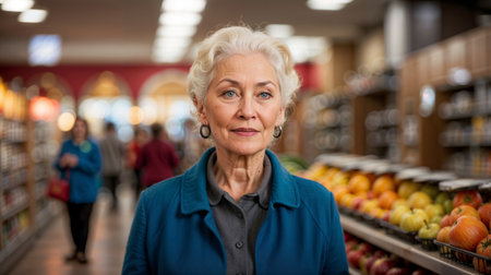 Portrait of a senior woman in a supermarket, looking at the camera.の素材