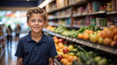 Portrait of smiling boy standing in aisle at grocery store in supermarketの素材