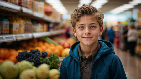 Portrait of teenage boy standing in supermarket aisle and smiling at cameraの素材