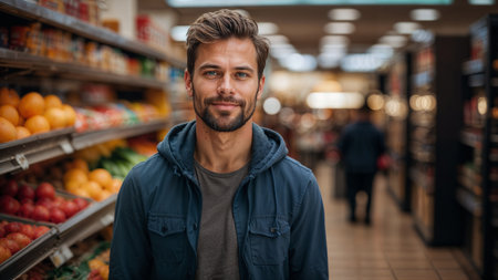 Portrait of handsome young man standing in supermarket and looking at cameraの素材
