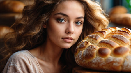 Close up portrait of a beautiful young woman with long curly hair looking at the camera in a bakeryの素材