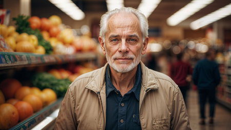 Portrait of senior man standing in grocery store and looking at cameraの素材