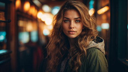 Portrait of a beautiful young woman with long curly hair in a green coat on the street.の素材