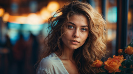 Portrait of a beautiful young woman with curly hair in a cafeの素材