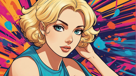 Beautiful blonde woman in pop art comics style. Vector illustration.の素材