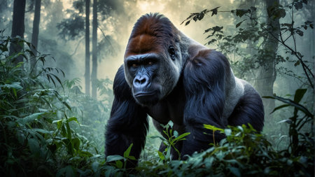 Gorilla in the rainforest with fog in the background.の素材