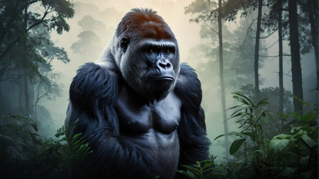 Portrait of a strong gorilla in the rainforest. Nature background.の素材