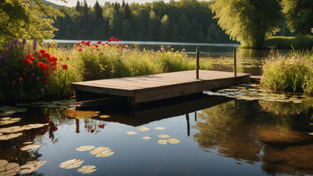 Wooden pier on a lake with flowers in the background. Beautiful summer landscape.の素材