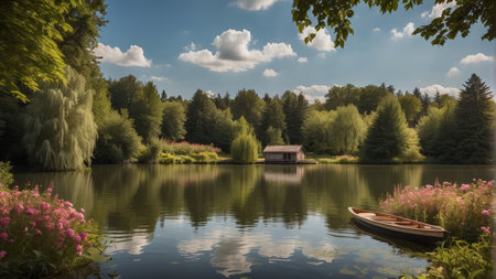 Beautiful summer landscape with a lake and a rowing boat.の素材