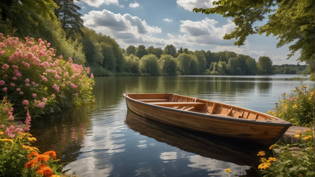Wooden boat on a lake in the park. Summer landscape.の素材