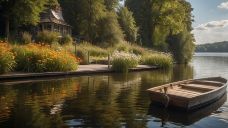 Wooden boat on a lake in a park with colorful flowers.の素材