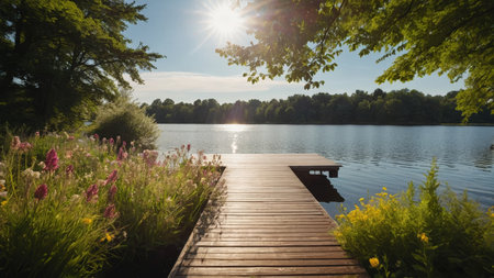 Wooden pier on a lake in the park. Summer landscape.の素材