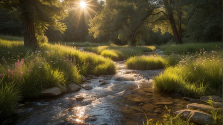 Sunset over a small river flowing through the woods in summer.の素材