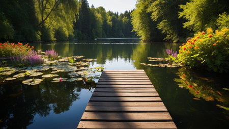 Wooden pier on the lake in a beautiful summer garden with flowersの素材