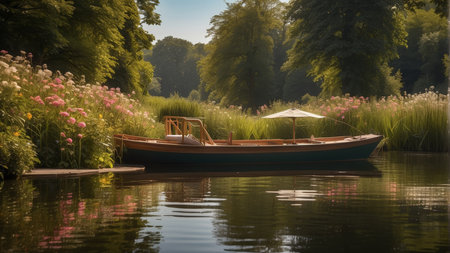 Beautiful view of a small wooden boat on the river in summerの素材