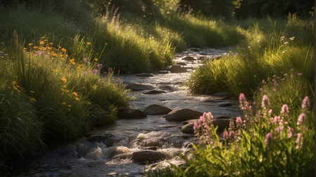 A small stream flowing through a meadow with wildflowers.の素材