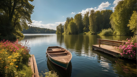 Wooden boat on a lake in the park. Summer landscape.