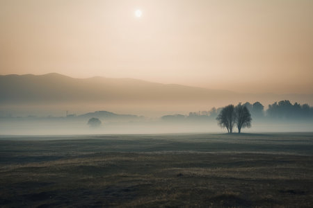 Trees in foggy meadow at sunrise. Toned.の素材