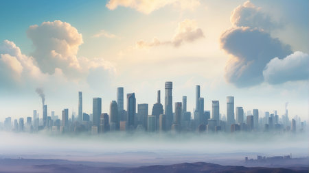 Cityscape with fog and skyscrapers. 3d render.の素材