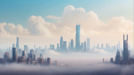 Cityscape with skyscrapers in the fog. 3d renderの素材