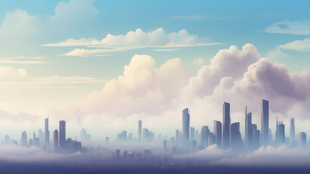 Foggy cityscape with skyscrapers and clouds. Vector illustration.の素材