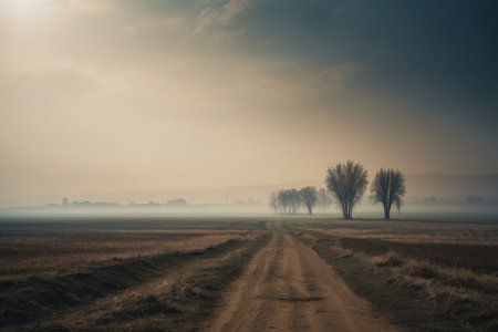Country road in a foggy field at sunrise. Landscape.の素材