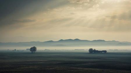 Foggy morning in the meadow. Beautiful rural landscape.の素材