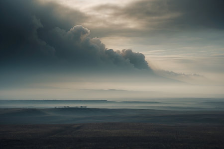 Foggy morning in the steppe, Russia. Toned.の素材