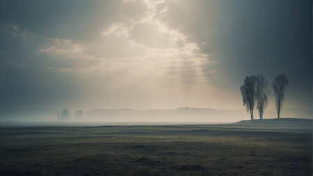 Misty morning in the meadow with silhouettes of trees.の素材