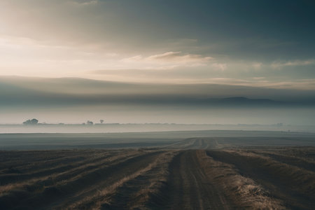 Foggy morning in the field with dirt road in the foregroundの素材