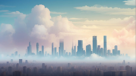 Cityscape and blue sky with clouds. Vector illustration of urban landscape.の素材