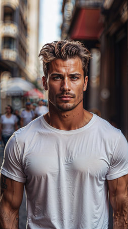 Handsome young man in a white T-shirt on the streetの素材