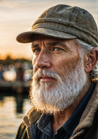 Portrait of an old man with a gray beard and a cap on the pier.の素材