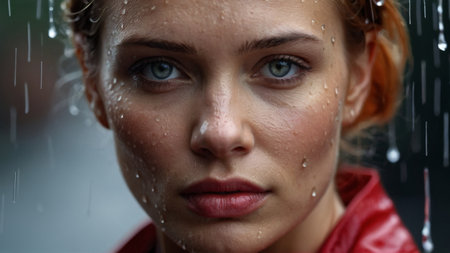 Portrait of a beautiful young woman under the rain in the rainの素材