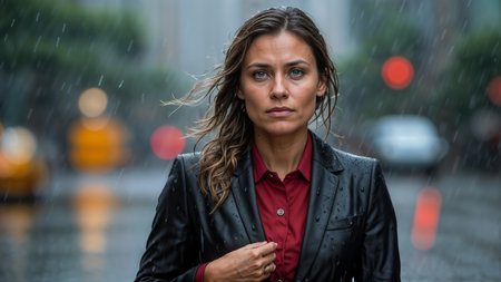 Portrait of a beautiful businesswoman in the rain in an urban contextの素材