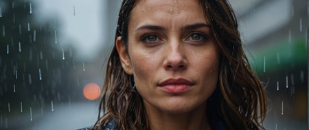 Portrait of a young woman in the rain. Close-up portrait of a beautiful girl in the rain.の素材