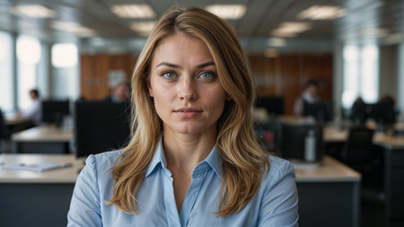 Portrait of serious young businesswoman looking at camera in office. Serious businesswoman standing in front of her colleagues.の素材