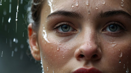 Close-up portrait of a beautiful young woman under the rain.の素材