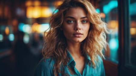 Portrait of a beautiful young woman with curly hair in a blue shirt.の素材