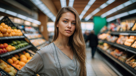 Beautiful young woman shopping in a grocery store. Selective focus.の素材