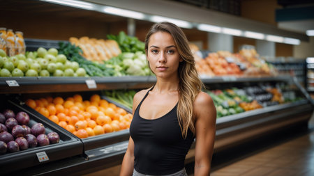 Portrait of beautiful sporty woman standing in supermarket and looking at cameraの素材