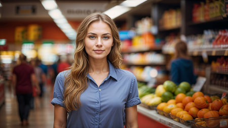 Portrait of young woman standing in grocery store and looking at cameraの素材