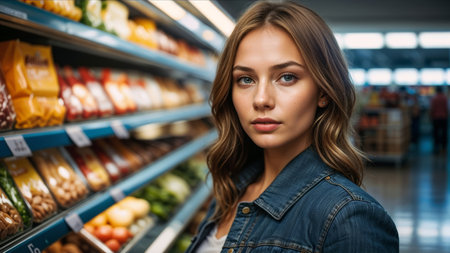 Portrait of young woman standing in grocery store and looking at cameraの素材