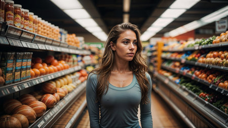 Beautiful young woman looking at camera while standing in aisle of supermarketの素材