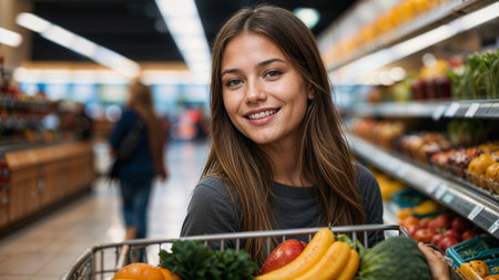 Portrait of smiling young woman with shopping cart looking at camera in supermarketの素材