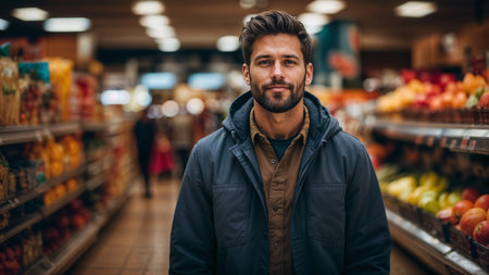 Portrait of a handsome young man standing in a supermarket and looking at cameraの素材